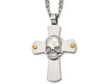 Stainless Steel Brushed Skull and Cross Pendant Necklace with Chain (24 Inches)